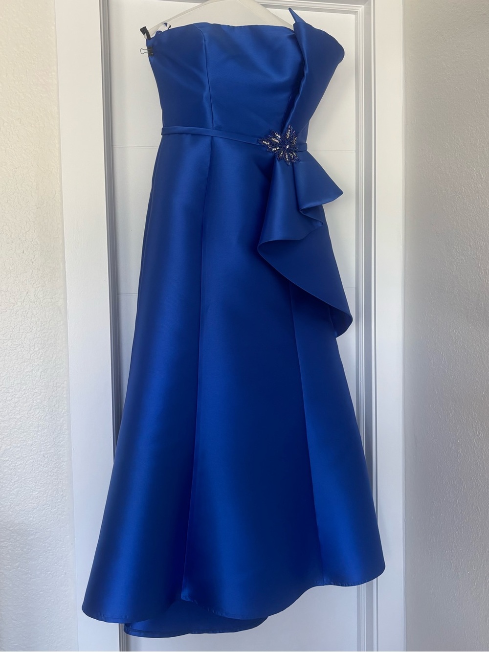 Rene Ruiz Strapless Cobalt Blue Satin A-Line Dress with Side Cascade